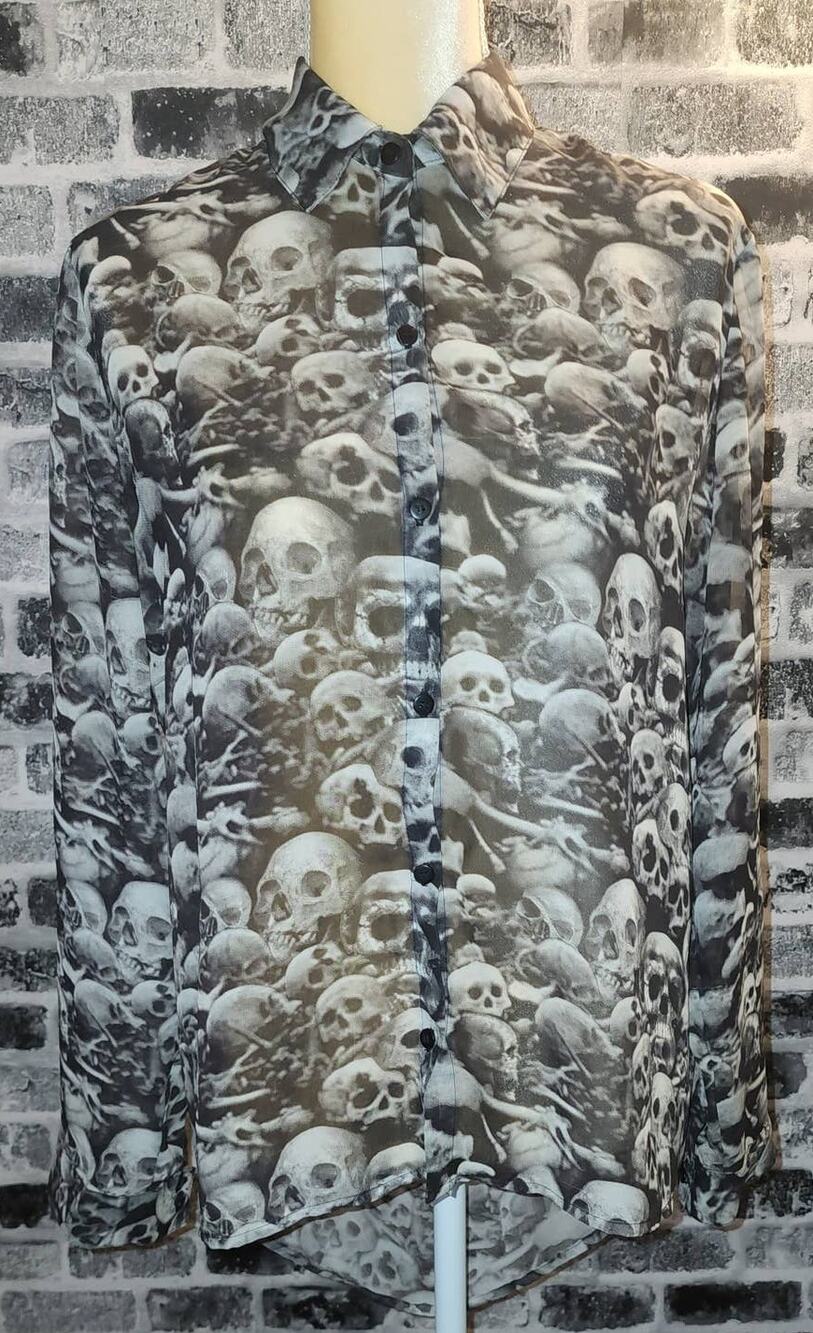 Teenage Runaway Women's Sheer Open button down back Skull long sleeve Shirt Med